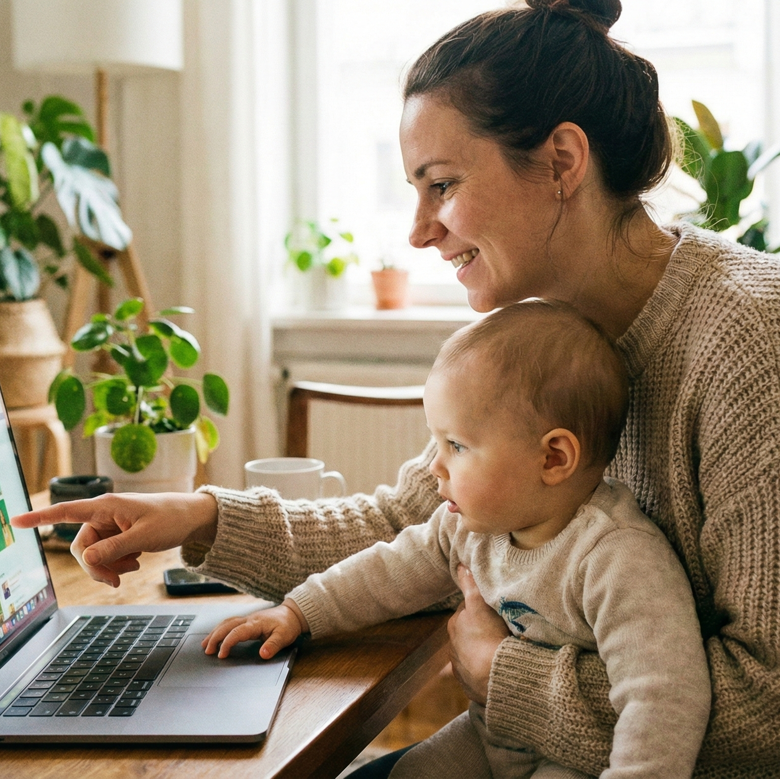 אמא ותינוק מול לפטופ